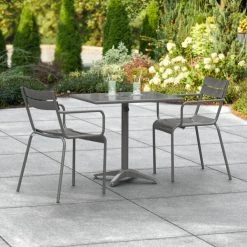 Lancaster Table & Seating 24" X 32" Matte Gray Powder-Coated Aluminum Dining Height Outdoor Table With Umbrella Hole And 2 Arm Chairs
