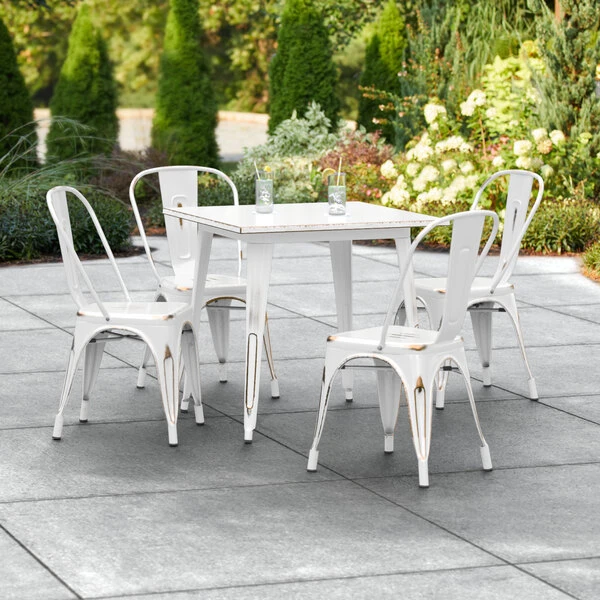 LT&S Alloy Series Lancaster Table & Seating Alloy Series 32" X 32" Distressed White Dining Height Outdoor Table With 4 Industrial Cafe Chairs 1 LT&S Alloy Series Lancaster Table & Seating Alloy Series 32" X 32" Distressed White Dining Height Outdoor Table With 4 Industrial Cafe Chairs