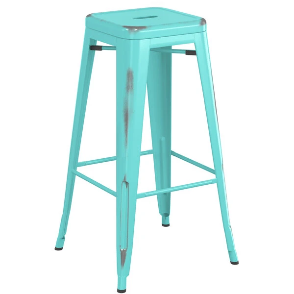 LT&S Alloy Series Lancaster Table & Seating Alloy Series Distressed Seafoam Stackable Metal Indoor / Outdoor Industrial Barstool With Drain Hole Seat 2 LT&S Alloy Series Lancaster Table & Seating Alloy Series Distressed Seafoam Stackable Metal Indoor / Outdoor Industrial Barstool With Drain Hole Seat - Image 2