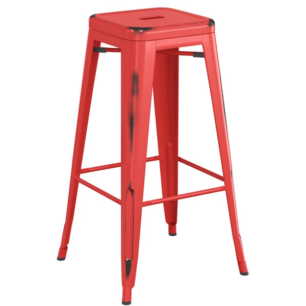 LT&S Alloy Series Lancaster Table & Seating Alloy Series Distressed Red Stackable Metal Indoor / Outdoor Industrial Barstool With Drain Hole Seat 2 LT&S Alloy Series Lancaster Table & Seating Alloy Series Distressed Red Stackable Metal Indoor / Outdoor Industrial Barstool With Drain Hole Seat - Image 2