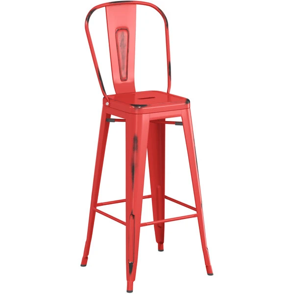 LT&S Alloy Series Lancaster Table & Seating Alloy Series Distressed Red Metal Indoor / Outdoor Industrial Cafe Barstool With Vertical Slat Back And Drain Hole Seat 2 LT&S Alloy Series Lancaster Table & Seating Alloy Series Distressed Red Metal Indoor / Outdoor Industrial Cafe Barstool With Vertical Slat Back And Drain Hole Seat - Image 2