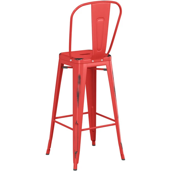 LT&S Alloy Series Lancaster Table & Seating Alloy Series Distressed Red Metal Indoor / Outdoor Industrial Cafe Barstool With Vertical Slat Back And Drain Hole Seat 3 LT&S Alloy Series Lancaster Table & Seating Alloy Series Distressed Red Metal Indoor / Outdoor Industrial Cafe Barstool With Vertical Slat Back And Drain Hole Seat - Image 3