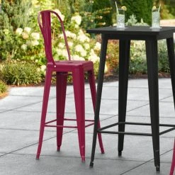 LT&S Alloy Series Lancaster Table & Seating Alloy Series Sangria Metal Indoor / Outdoor Industrial Cafe Barstool With Vertical Slat Back And Drain Hole Seat