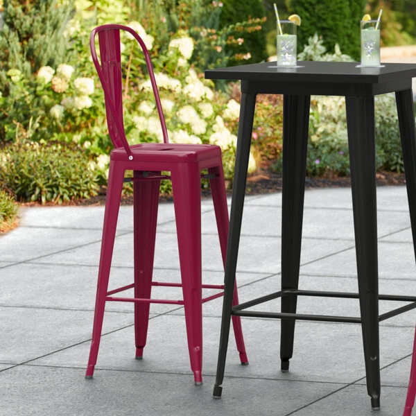 LT&S Alloy Series Lancaster Table & Seating Alloy Series Sangria Metal Indoor / Outdoor Industrial Cafe Barstool With Vertical Slat Back And Drain Hole Seat 1 LT&S Alloy Series Lancaster Table & Seating Alloy Series Sangria Metal Indoor / Outdoor Industrial Cafe Barstool With Vertical Slat Back And Drain Hole Seat