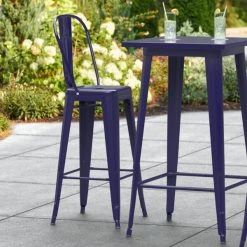 LT&S Alloy Series Lancaster Table & Seating Alloy Series Navy Metal Indoor / Outdoor Industrial Cafe Barstool With Vertical Slat Back And Drain Hole Seat