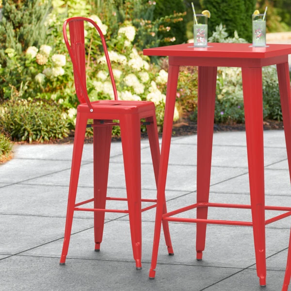 LT&S Alloy Series Lancaster Table & Seating Alloy Series Red Metal Indoor / Outdoor Industrial Cafe Barstool With Vertical Slat Back And Drain Hole Seat 1 LT&S Alloy Series Lancaster Table & Seating Alloy Series Red Metal Indoor / Outdoor Industrial Cafe Barstool With Vertical Slat Back And Drain Hole Seat