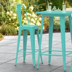 LT&S Alloy Series Lancaster Table & Seating Alloy Series Seafoam Metal Indoor / Outdoor Industrial Cafe Barstool With Vertical Slat Back And Drain Hole Seat