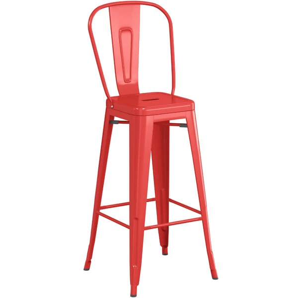 LT&S Alloy Series Lancaster Table & Seating Alloy Series Red Metal Indoor / Outdoor Industrial Cafe Barstool With Vertical Slat Back And Drain Hole Seat 2 LT&S Alloy Series Lancaster Table & Seating Alloy Series Red Metal Indoor / Outdoor Industrial Cafe Barstool With Vertical Slat Back And Drain Hole Seat - Image 2