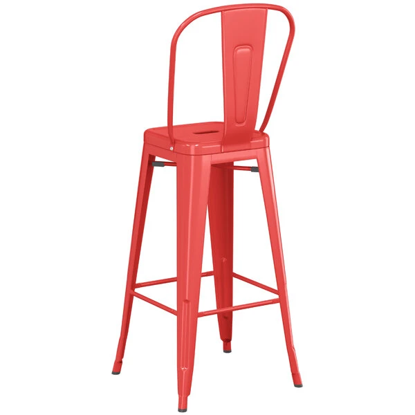 LT&S Alloy Series Lancaster Table & Seating Alloy Series Red Metal Indoor / Outdoor Industrial Cafe Barstool With Vertical Slat Back And Drain Hole Seat 3 LT&S Alloy Series Lancaster Table & Seating Alloy Series Red Metal Indoor / Outdoor Industrial Cafe Barstool With Vertical Slat Back And Drain Hole Seat - Image 3